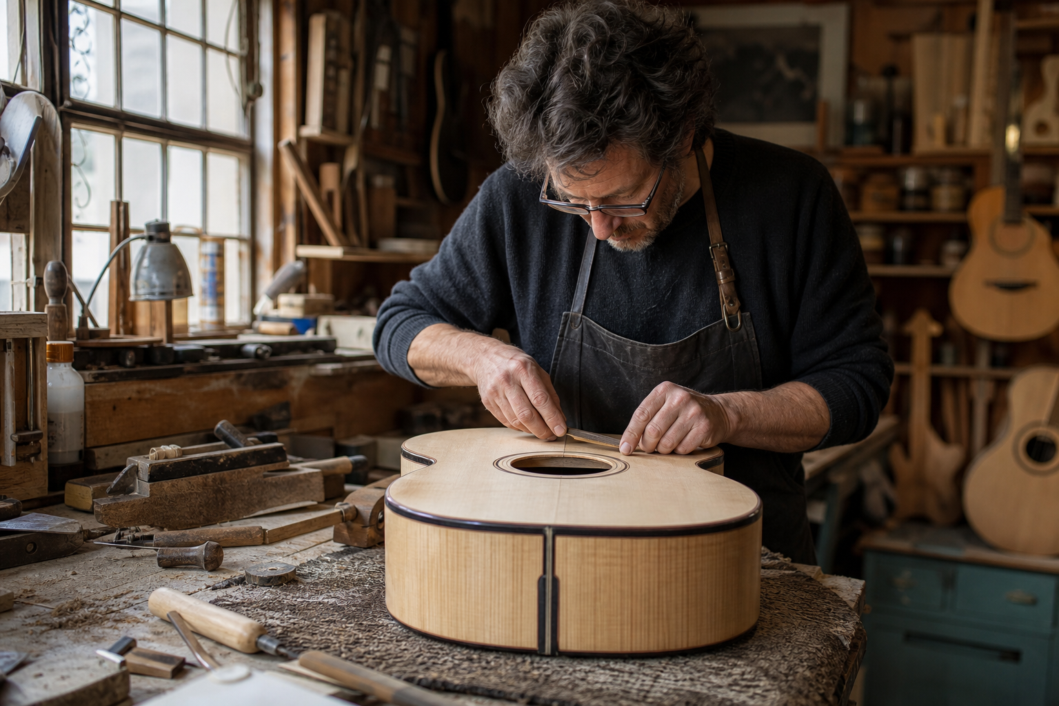 Fojill Guitar workshop with necks on racks and bodies on benches