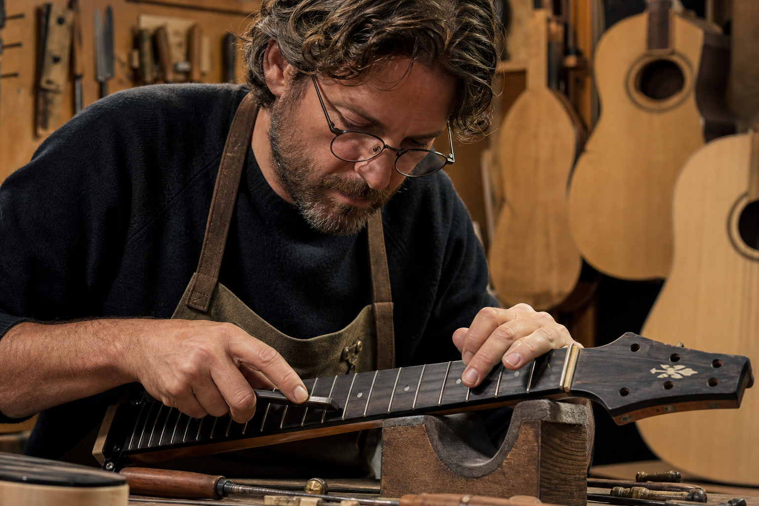 Hands adjusting bridge saddles on a Fojill Tele