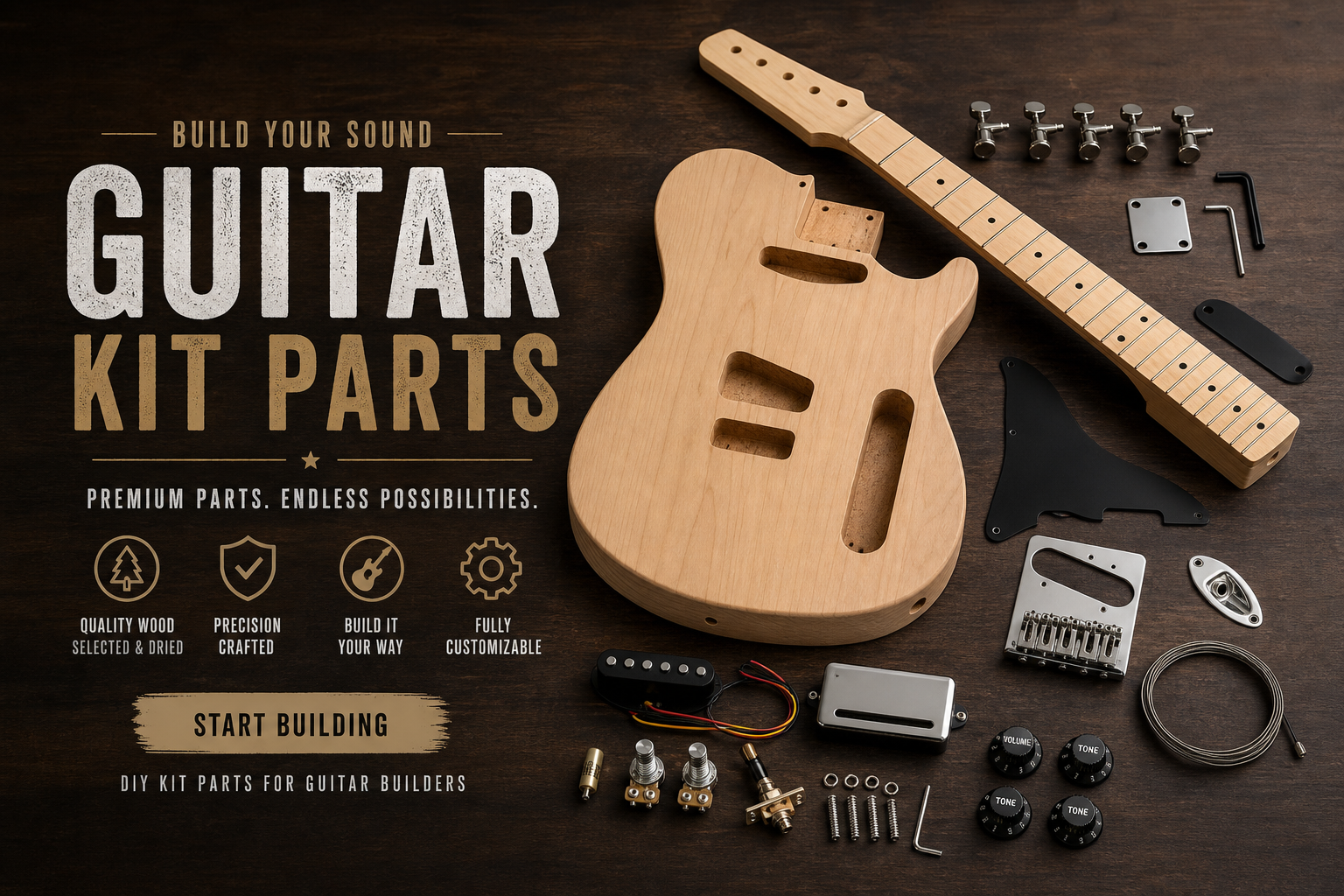 Fojill guitar kit parts laid out on a workbench